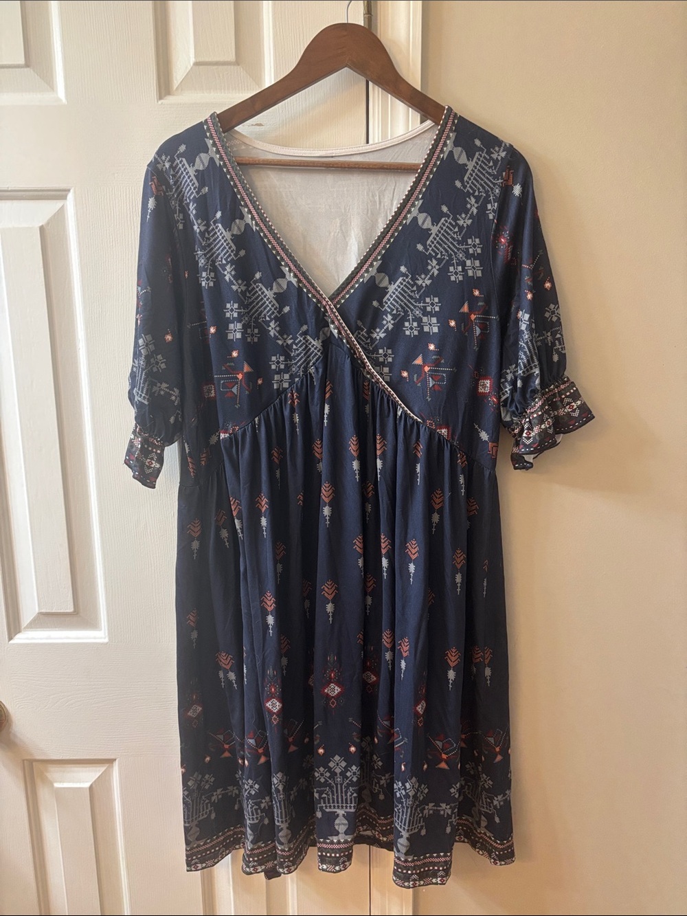 Boho V-Neck Navy Printed Women’s Dress